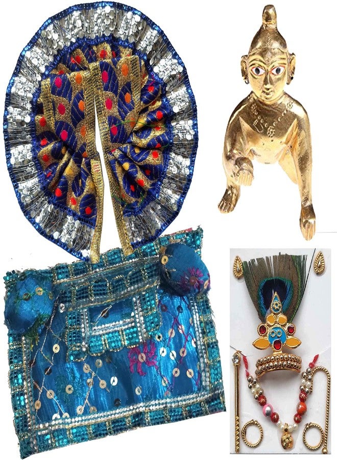 FASHERATI SK Craft Designer Handcrafted Golden Blue Combimation Laddu Gopal Set/Assan/Shringar, Laddu Gopal Gaddi, Laddu Gopal Poshak, Laddu Gopal Murli, Laddu Gopal Shringar Set - Image 1